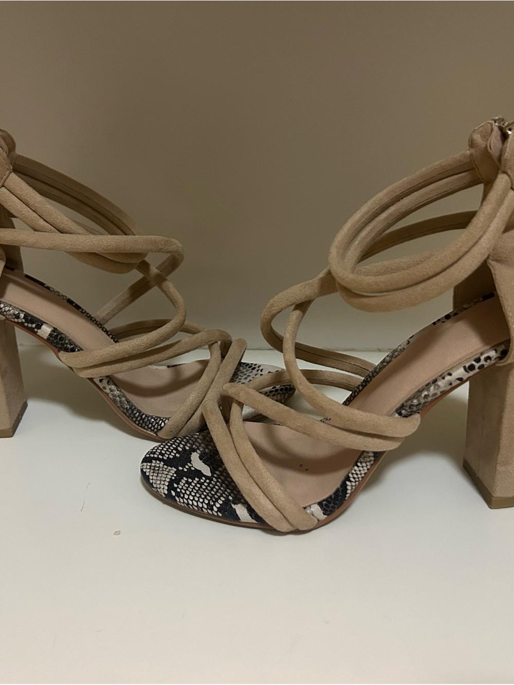 WORN ONCE! Beige Snake-Print Strappy Block Heel Sandals